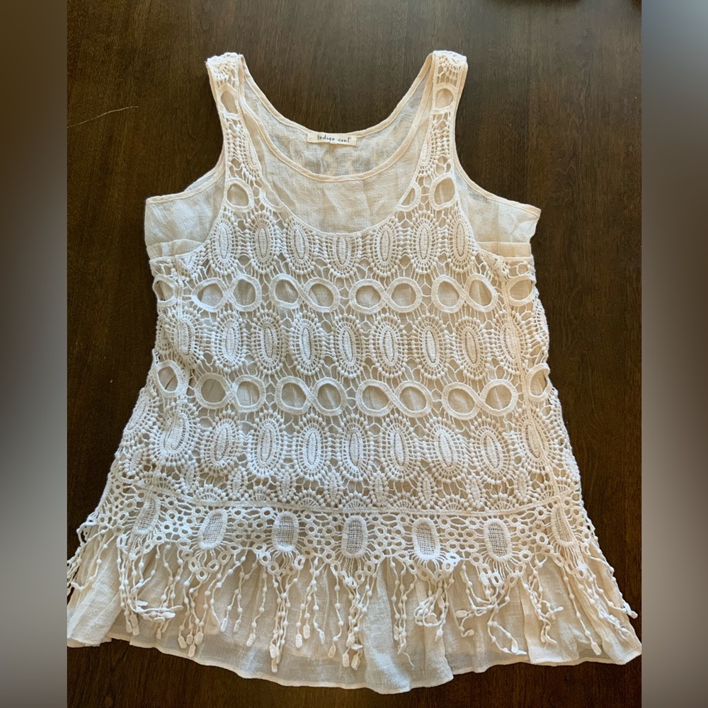 Indigo Soul Lace Crochet Sheer Sleeveless Scoop Neck Tank Top Medium M Boho